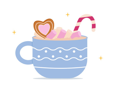 Festive Christmas hot drink. Mug of hot cocoa with marshmallows and sweets. Vector illustrationのイラスト素材