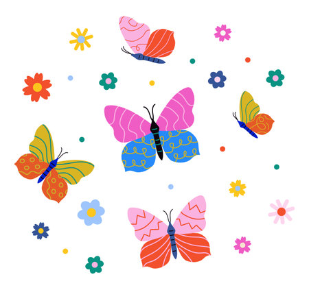 Set of butterflies in bright colors with flowers. Abstract pattern with geometric elements. Vector illustrationのイラスト素材