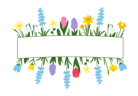 Floral background decorated with cute colorful blooming flowers and leaves border. Banner with place for text. Vector illustrationのイラスト素材