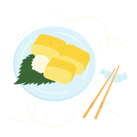 Japanese egg roll. Tamagoyaki, Japanese rolled omelette. Asian food. Vector illustration isolated on white backgroundのイラスト素材