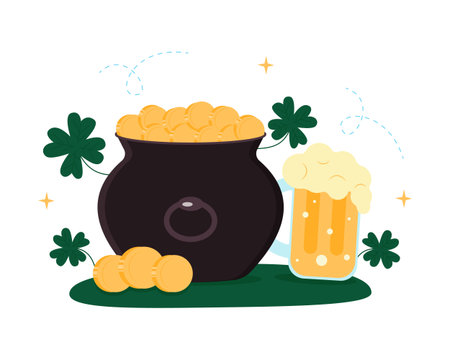 Pot with gold coins, a mug of beer, and clover leaves isolated on a white background. St. Patrick's Day. Vector illustrationのイラスト素材