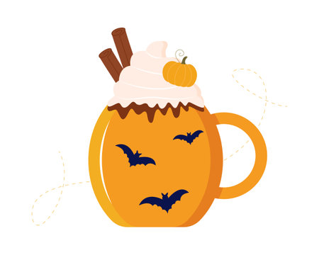 Pumpkin latte with cream and cinnamon. Cup of aromatic holiday drink. Design element for greeting card, menu, decoration. Vector illustrationのイラスト素材