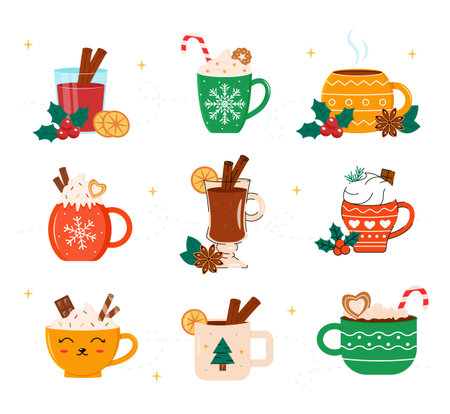Christmas hot drinks, set. Vector mugs and cups of winter holiday hot beverages, cocoa and coffee cocktails with Xmas treats, cream, candy canes, gingerbread, marshmallowのイラスト素材
