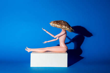 The figure of a woman in a sitting position. She has a mushroom hat on her head. Creative idea background.の写真素材