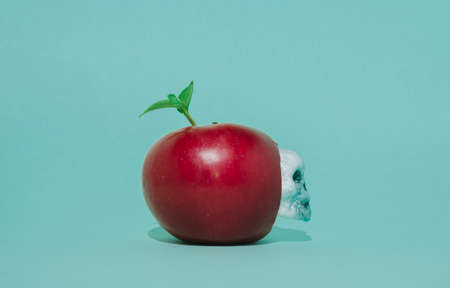 Skeleton head coming out of a red apple. Blue background.の写真素材