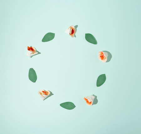 Frame of roses and leaves. Conceptual set of pastel colors.の写真素材