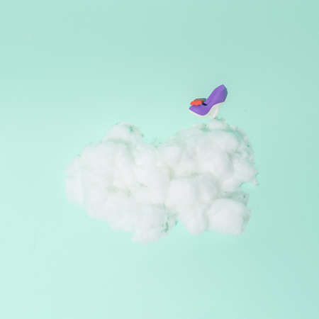 Fluffy cloud and women's shoe on it. Pastel background. Conceptual set.の写真素材