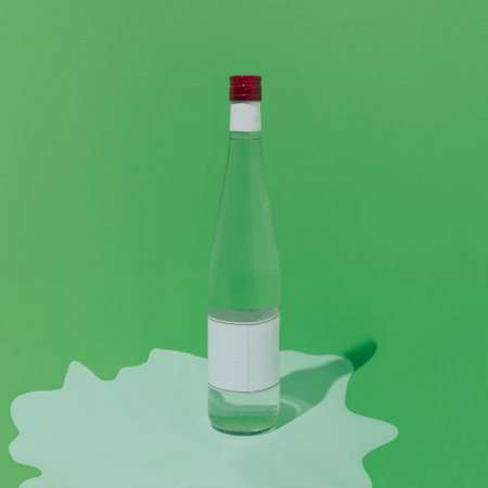 Bottle on green background and shadow. Round base. Red closure. Blank label. Conceptual setting, minimalism.の写真素材