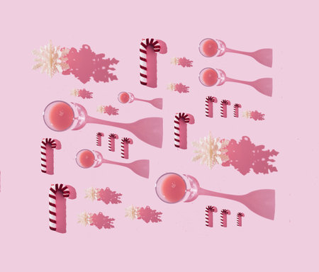 Pattern made of Christmas decorations in a festive mood. Pastel soft pink background. Conceptual balance.の写真素材
