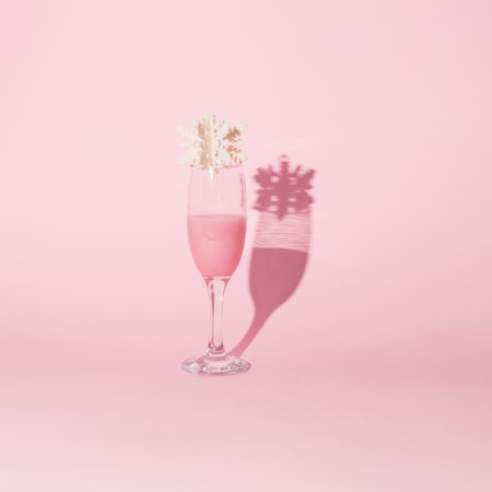 New Year's decoration on a pastel pink background. Conceptual setting. Champagne in a glass.の写真素材