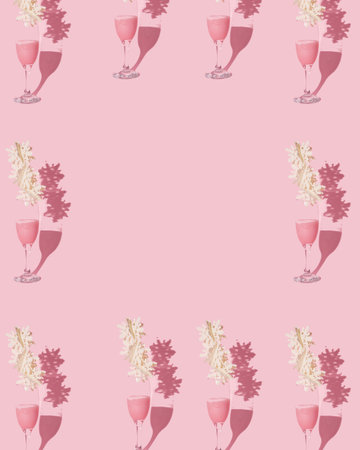New Year's decoration on a pastel pink background. Conceptual setting. Champagne in a glass. Pattern with space in the middle.の写真素材