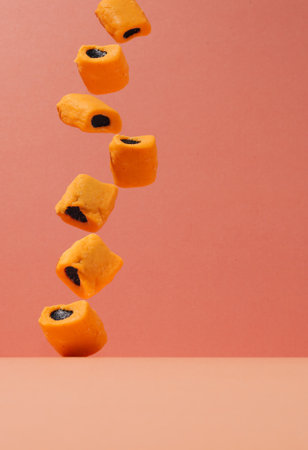 Conceptually placed pattern of candies of various colors.Pastel background.Minimalism.Art.の写真素材