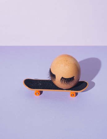 Conceptual art and minimalism. Pastel purple background. Easter egg with eyelashes on a skateboard.の写真素材