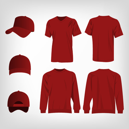 Sport dark red t-shirt, sweater and baseball cap isolated set vectorのイラスト素材