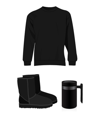 Black sweater, mug and boots vector  traveler setのイラスト素材