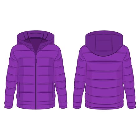 Violet winter down zipped jacket with hood isolated vector on the white background  Keywords language: Englishのイラスト素材