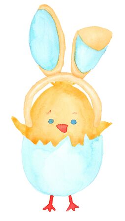 Watercolor hand drawn colorful easter funny chickenの写真素材
