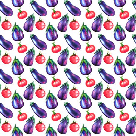 Watercolor bright tomatoes and eggplants pattern, hand drawn ripe vegetables, seamless pattern on white backgroundの写真素材