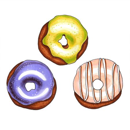 Set of colorful donuts on white background. Sketch done in alcohol markersの写真素材