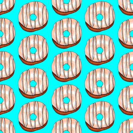 Pattern of colorful donuts on acid blue background. Sketch done in alcohol markers.の写真素材