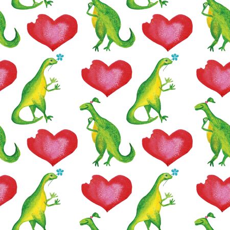 Seamless watercolor pattern with dinosaurs and red bitten heart on white background.の写真素材