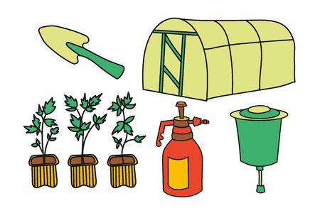 Simplified colored vector set illustration of a greenhous, seedlings, spray bottle, washbasin and small shovel on a white background.のイラスト素材