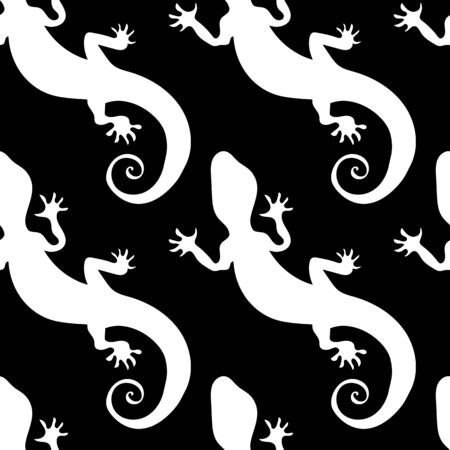 Seamless pattern vector decorative lizard. White lizards on a black background.のイラスト素材