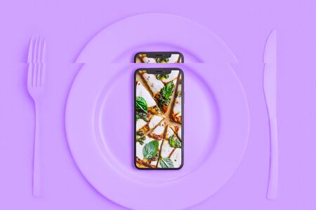 Order food online, food delivery. Call and bring food home. Smartphone with pizza on the screen,...