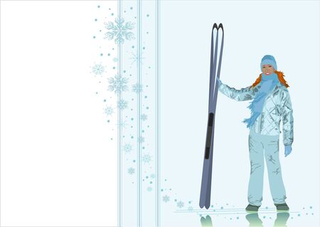 The girl-skier on a winter backgroundのイラスト素材