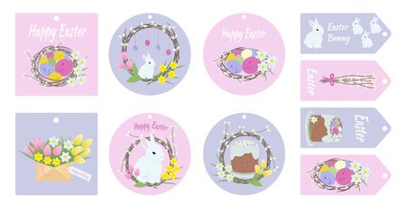 Happy Easter gift tags with cute Easter bunny, cake, eggs, willow wreath and flowersのイラスト素材