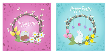 Happy Easter poster set. Willow wreaths decorated with spring flowers, Easter cake, eggs, bunny. Easter animals characters banner. Vector illustrationのイラスト素材