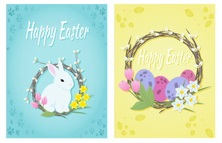 Easter greeting cards with willow wreath, eggs, bunny, cake and flowers. Easter poster set. Easter animals characters bannerのイラスト素材