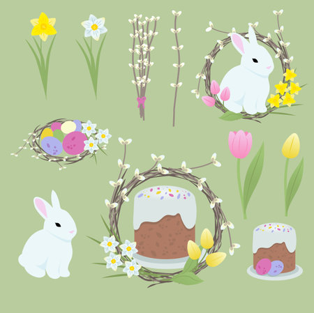 Happy Easter set of elements. Easter animals characters. Willow wreaths decorated with spring flowers, Easter cake, eggs, bunny. Vector illustrationのイラスト素材
