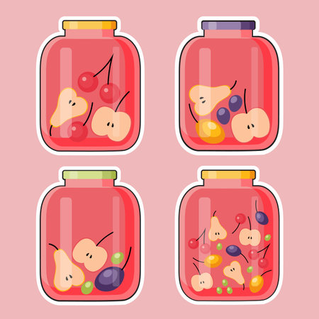 Set of fruit compote stickers. Homemade canned homemade fruit compote in a glass jar, sweet fruit drink, apple slices, pear slices, cherry, plum, grapeのイラスト素材