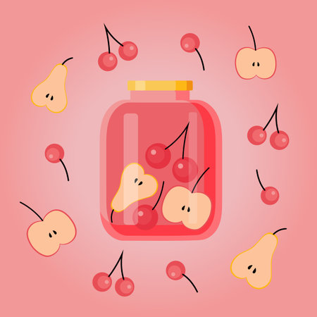 Card, print, banner with fruit compote. Homemade canned fruit compote in a glass jar, sweet fruit drink, apple slices, pear slices, cherryのイラスト素材