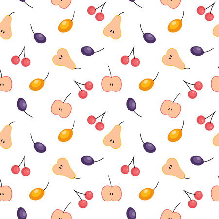 Fruit and berry background, seamless pattern. Fresh fruits seamless pattern with apple, pear, plum, cherry. Vegetarian grocery vector illustrationのイラスト素材