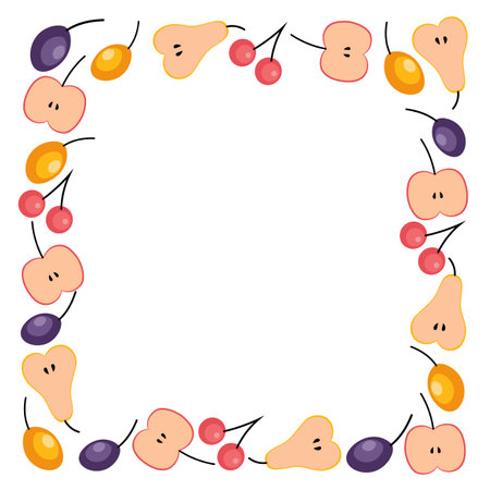 Fruit and berries square frame. Apple slices, pear slices, cherry, plumのイラスト素材