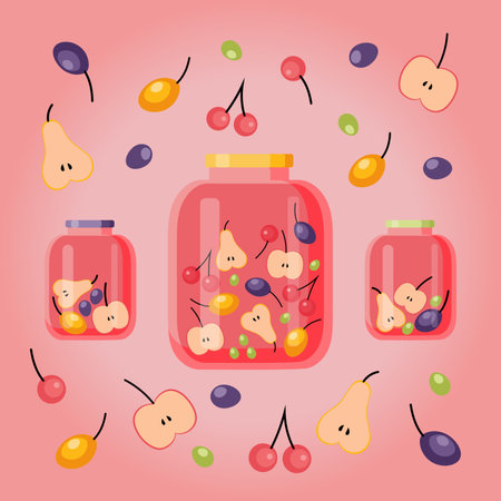 Card, print, banner with fruit compotes and ingredients. Homemade canned fruit compote in a glass jar, sweet fruit drink, apple slices, pear slices, cherry, plumsのイラスト素材