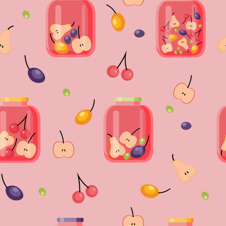 Fruit and berry background, seamless pattern. Homemade canned fruit compote in a glass jar, sweet fruit drink, apple slices, pear slices, cherry, plum, grapeのイラスト素材