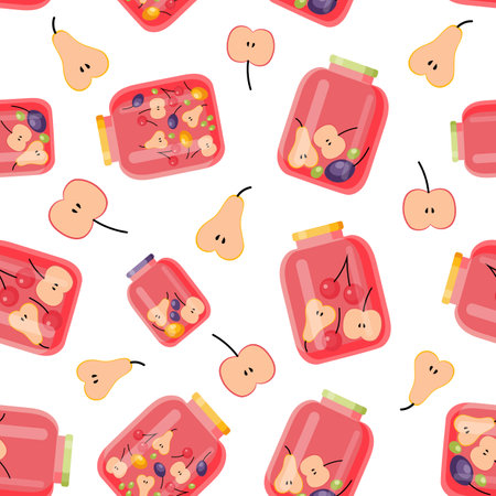 Fruit and berry background, seamless pattern. Homemade canned fruit compote in a glass jar, sweet fruit drink, apple slices, pear slices, cherry, plum, grapeのイラスト素材