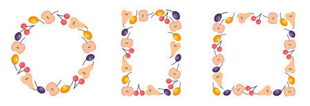 Fruit and berries frame. Apple slices, pear slices, cherry, plumのイラスト素材