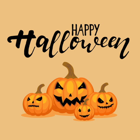 Four carved Halloween pumpkins with spooky facesのイラスト素材