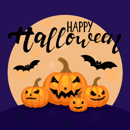 Four carved Halloween pumpkins with spooky facesのイラスト素材
