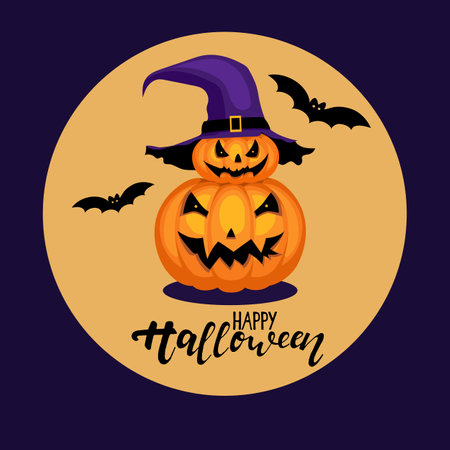 Carved Halloween pumpkins with spooky face wearing witch hatのイラスト素材