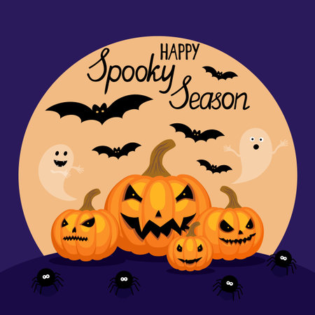 Halloween pumpkins with spooky faces, ghosts, bats and spidersのイラスト素材