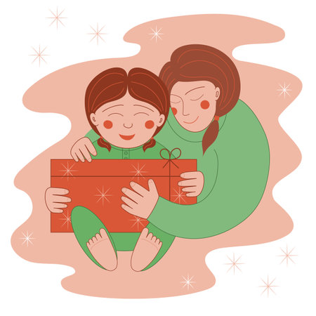 Mother gives a present to the little girl on Christmasのイラスト素材
