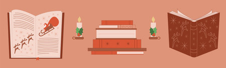 Set of books, open books with Christmas ornament, candle with holly leaves, closeupのイラスト素材