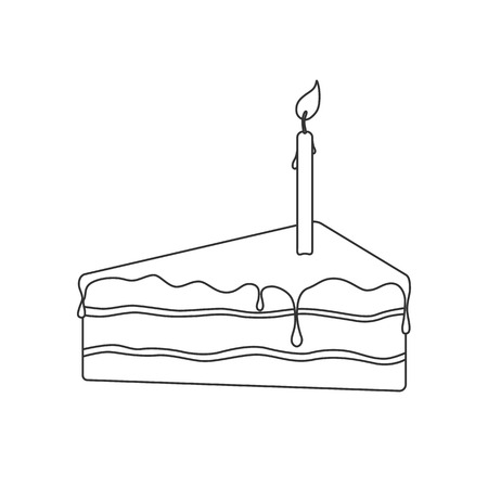 Isolated black outline pie of birthday sponge cake with chocolate and candle light on white background.のイラスト素材