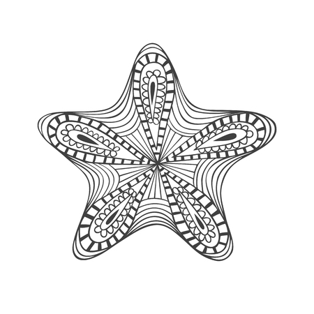 Isolated hand drawn black outline starfish on white background. Star ornament of curve lines.のイラスト素材