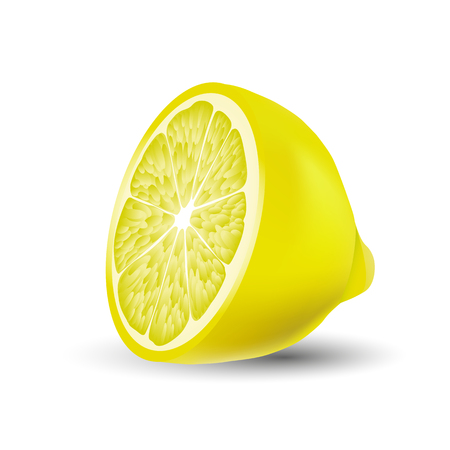 Isolated colored half of juicy yellow color lemon with shadow on white background. Realisticのイラスト素材